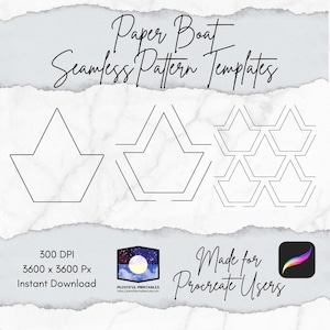 May include: Digital paper boat seamless pattern templates. The image features several line drawings of paper boat shapes, along with the text "Paper Boat Seamless Pattern Templates". Additional text includes "300 DPI, 3600 x 3600 Px, Instant Download" and "Made for Procreate Users".