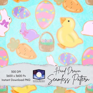 Peut inclure: Un motif sans couture avec des illustrations de Pâques. Le design comprend des œufs, des lapins, des poussins, des carottes et des paniers aux couleurs pastel. Le fond est bleu clair. Le texte de l'image dit "Hand Drawn Seamless Pattern".
