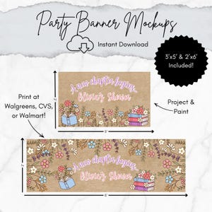 May include: Two rectangular party banner designs on a kraft paper background featuring the text A new chapter begins... Olivia's Shower, illustrated with colorful flowers and stacks of books. Dimensions shown are 3'x5' and 2'x6'.