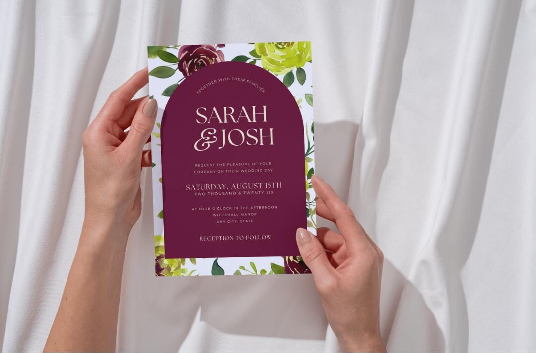 Burgundy & Chartreuse Wedding Invitation | 5x7 Elegant Foral Wedding ...