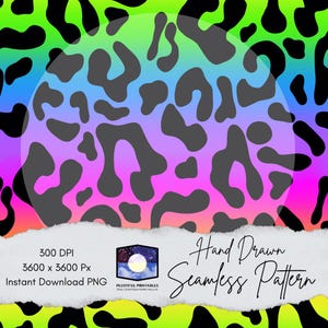 May include: A vibrant, seamless pattern featuring a gradient of neon green, blue, pink, and purple. The design includes dark gray leopard spots. The image also includes the text "Hand Drawn Seamless Pattern" and "Instant Download PNG".