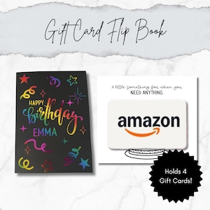Personalized Birthday Gift Card Flip Book, Pull to Reveal | Holds up to 4 Gift Cards with Custom Messages | Handmade with foiled cover