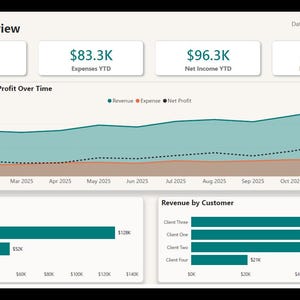 May include: A business overview graphic with data through December 24, 2025. Displays revenue, expenses, and profit over time, along with revenue by stream and customer. Key metrics include revenue, expenses, net income, and profit margin.