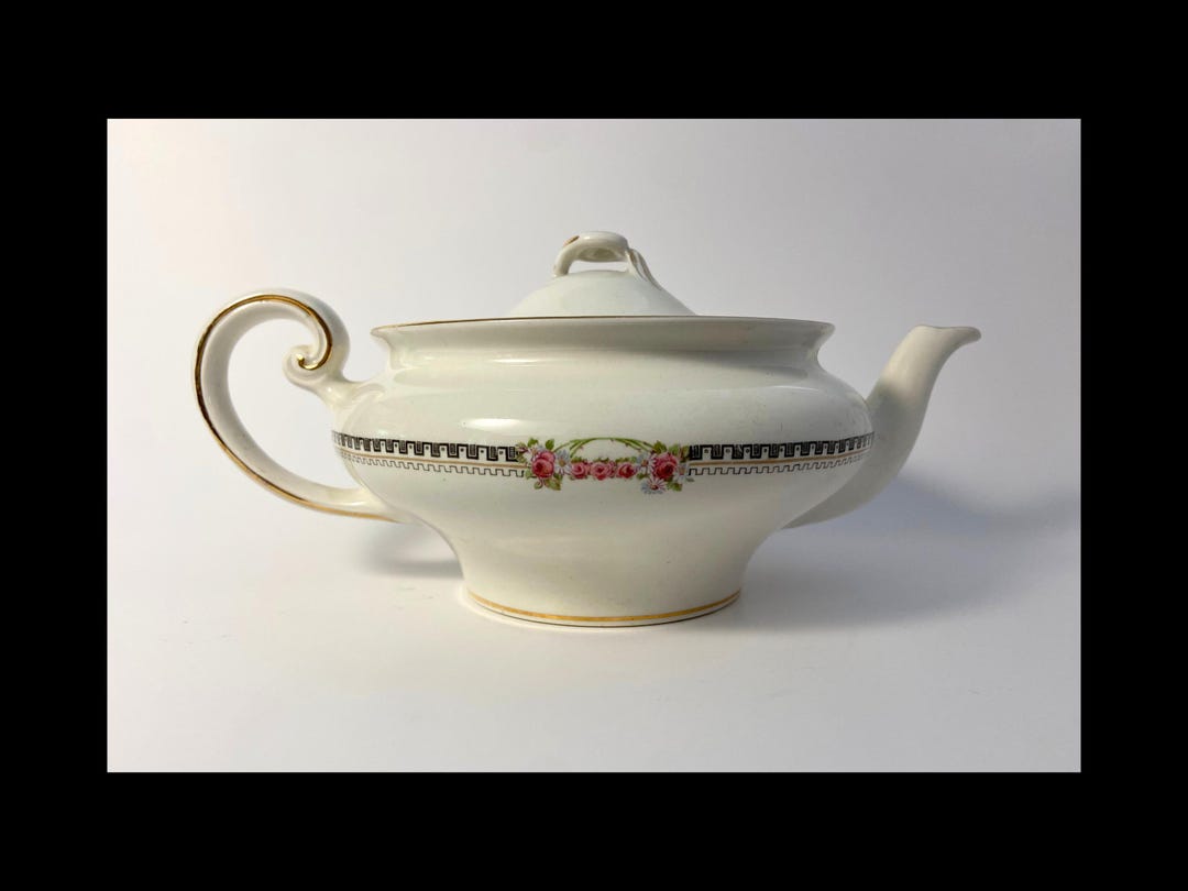Tea Pot Key Antique Johnson Brothers Teapot JB185 | Pink Roses & Black Greek Key ...