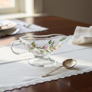 Hand-Painted Floral Glass Gravy Boat | Vintage Style Clear Glass Sauce Server | Cottagecore Table Decor