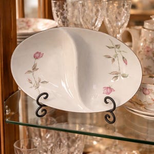 Sango Japan "Dawn Rose" Divided Serving Bowl, 11", Pink Rose Buds & Gold Trim, Vintage Porcelain Vegetable Dish, Shabby Chic Tableware
