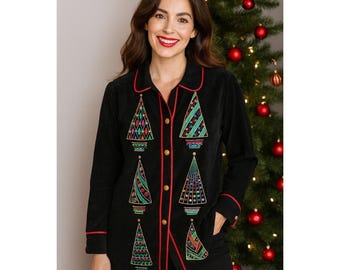 VTG Bob Mackie Art Womens Kleiner schwarzer Samt Urlaub Weihnachtsbaum gestickt