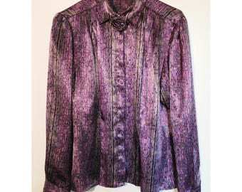 Notations Vintage Lila Abstrakte Geometrische Button-Down-Bluse Rosette Größe 10