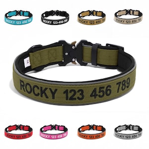 May include: Dog collars in various colors, including teal, black, tan, and olive green. Each collar features the name "ROCKY" and a phone number. The collars have a reflective strip and a sturdy buckle.