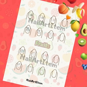 Peut inclure: Une feuille blanche d'autocollants pour ongles présentant divers dessins au trait de fruits, notamment des citrons, des cerises, des fraises et des poires. La feuille affiche le texte NailArtItem et Fruits, sur un fond de motifs de fruits colorés.