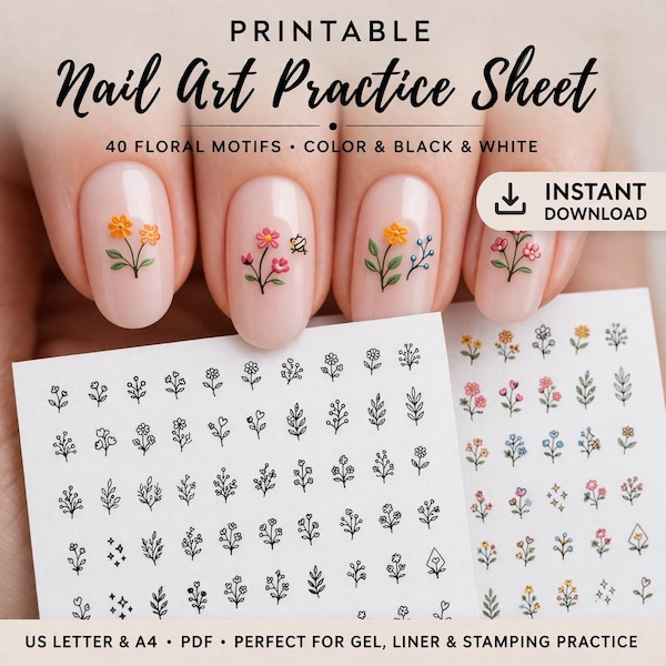 Mini Floral Nail Art Practice Sheet Printable, Nail Wrap Placement Training Template, Tiny Flower Nail Decals Practice PDF, A4 & US Letter I