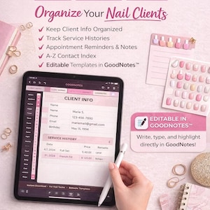 May include: Digital nail tech client record book with customizable templates. Features include client info organization, service history tracking, and appointment reminders. Includes a tablet with client information and a stylus.
