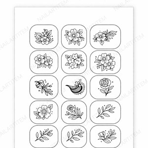Peut inclure: Planche de stickers pour nail art avec divers motifs floraux en noir et blanc. La planche comprend des images de fleurs, de feuilles et d'éléments botaniques. Le texte "FLOWERS Nail Art Stickers" est en haut.