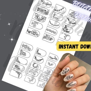 Peut inclure: Une planche d'autocollants pour nail art avec des motifs de fleurs botaniques en noir et blanc. La planche comprend divers motifs floraux et de feuilles pour la décoration des ongles. L'image montre également une main avec des ongles décorés de motifs floraux similaires. Le texte sur l'image dit "BOTANICAL FLOWER" et "INSTANT DOWNLOAD".