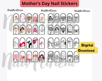 Foglio di adesivi per unghie per la festa della mamma, decalcomanie per unghie per la mamma, nail art a forma di cuore, unghie regalo per la mamma, simpatici disegni per adesivi per unghie, file stampabile per adesivi per unghie