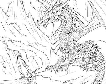 Dragon Coloring Page – Majestic Fantasy Dragon Adult Coloring Sheet, Detailed Mythical Creature Line Art Printable
