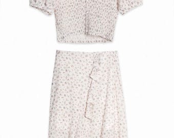 Zweiteiliges Set mit Blumenmuster, V-Ausschnitt-Crop-Top mit Puffärmeln und Wickelrock, Sommeroutfit, Größen M-3XL
