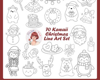 70 Kawaii Christmas line art clipart bundle, Commercial Use, PNGs, holiday digit