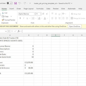 Könnte beinhalten: Screenshot einer Excel-Tabelle namens "trades_job_pricing_template_uk". Die Tabelle zeigt ein Angebot mit Details wie Arbeits-, Material- und Reisekosten, insgesamt £5.525,00. Das Dokument ist auf einem PC gespeichert, mit Firmennamen und Slogan.