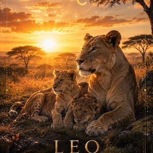 Puede incluir: Impresión artística digital que representa una familia de leones en un paisaje de sabana al atardecer. La imagen incluye el símbolo del signo zodiacal Leo y la palabra "LEO" con palabras clave relacionadas. La paleta de colores es cálida, con tonos dorados y marrones.