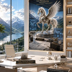 Può includere: Una grande stampa artistica da parete intitolata The Master Pegasus Automaton che raffigura un cavallo alato meccanico bianco su una piattaforma circolare. L'opera include testo, diagrammi tecnici e un paesaggio montano. La stampa è in un ufficio moderno.