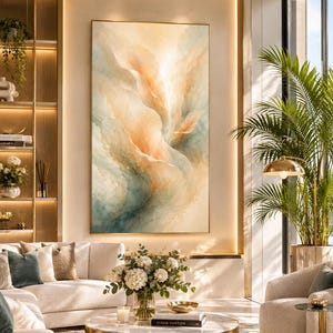 Puede incluir: Una gran pieza de arte mural rectangular que presenta capas abstractas y fluidas en tonos melocotón suave, crema y azul verdoso apagado. La pintura tiene una apariencia suave y difuminada con formas orgánicas onduladas que crean profundidad.