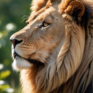Puede incluir: Primer plano de un león de perfil. El león tiene una cara de color marrón claro, una melena marrón oscuro y una mirada concentrada. El fondo es de un verde suave, lo que sugiere un entorno natural.