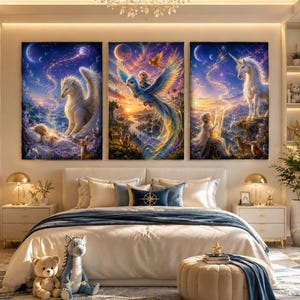 Kids Luxury Wall Art, Magical Unicorn & Phoenix Trio Poster, Celestial Nursery Decor Set, Fantasy Children Room Primado Positive Art