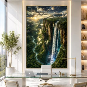 Può includere: Una grande opera d'arte murale verticale che raffigura un lussureggiante canyon verde con un'imponente cascata che scende lungo una scogliera al tramonto, incorniciata in oro e montata su una parete bianca sopra una scrivania in vetro.
