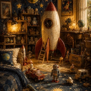 Puede incluir: Un gran cohete de juguete blanco y rojo con una escalera se encuentra en una habitación con decoración espacial, incluyendo una alfombra con el sistema solar, una caja de madera con la etiqueta SPACE EXPLORER y un póster de PIXAR PLANET.