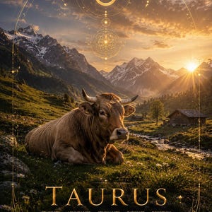 Puede incluir: Imagen de arte digital que presenta un toro marrón tumbado en un campo cubierto de hierba, con montañas al fondo. La palabra "TAURUS" se muestra en letras doradas, con el símbolo del zodiaco encima. La imagen tiene una paleta de colores cálidos y dorados.