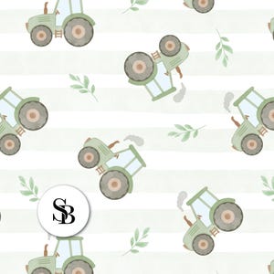 May include: A repeating pattern featuring light green tractors with brown wheels and smoke stacks, alongside green leaf sprigs, set against a backdrop of white and light green horizontal stripes. A circular logo with the letters "SB" is in the lower left corner.
