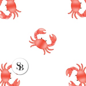 May include: A repeating pattern of cartoon-style red crabs on a white background. The crabs are in various poses, with their claws raised. A circular logo with the letters "SB" is in the lower left corner.