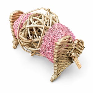 May include: A decorative animal figure crafted from natural light brown woven wicker and rattan. The structure features a central spherical wicker ball flanked by two sections wrapped in textured, bright pink fibrous material.
