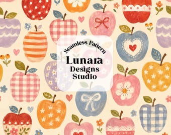 May include: A seamless pattern featuring various illustrated apples in shades of red, orange, pink, blue, and purple. The apples display diverse decorative motifs including polka dots, stripes, gingham, stars, hearts, bows, and flowers on a cream background.