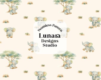 May include: A seamless pattern featuring watercolor illustrations of baby elephants and acacia trees on a cream background. The central text reads Seamless Pattern Lunara Designs Studio. The bottom text reads PNG • High resolution • 300 dpi.