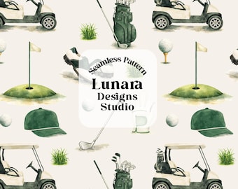 Puede incluir: Un patrón continuo con ilustraciones en acuarela de carritos de golf, bolsas de golf con palos, pelotas sobre tees, gorras verdes, hoyos con banderas y zapatos de golf sobre un fondo claro con el texto Seamless Pattern Lunara Designs Studio.