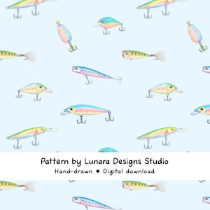 May include: A light blue background with a repeating pattern of colorful fishing lures. The lures are in various shapes and colors, including blue, yellow, pink, and green, with silver hooks. The text "Pattern by Lunara Designs Studio" is at the bottom.