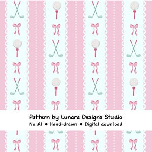 May include: A repeating pattern featuring golf clubs, golf balls on tees, and pink bows on a light blue background. The design includes vertical pink stripes with white dotted borders. The text "Pattern by Lunara Designs Studio" is at the bottom.