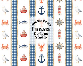 May include: A nautical-themed seamless pattern featuring a repeating design of crabs, seagulls, fish, red boats, anchors, lobster, ship wheels, and lighthouses. The design includes blue and white checkered stripes, rope-like borders, and the text "Seamless Pattern Lunara Designs Studio".