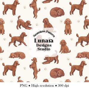 May include: A seamless pattern featuring brown poodles in various poses, including standing, sitting, and sleeping, interspersed with small paw prints on a cream background. The centre text reads Seamless Pattern Lunara Designs Studio.