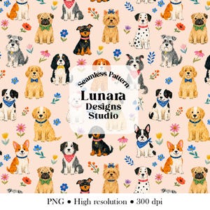 Könnte beinhalten: Ein nahtloses Muster mit verschiedenen Hunderassen, darunter Golden Retriever, Möpse und Dalmatiner, mit floralen Akzenten auf hellrosa Hintergrund. Das Design enthält den Text "Seamless Pattern" und "Lunara Designs Studio".