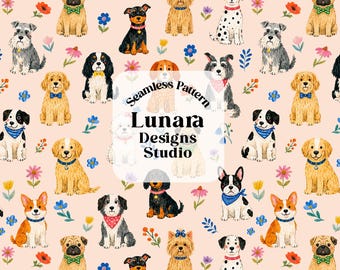 Motif aquarelle sans couture de chien girly, chiot féminin floral amoureux des animaux de compagnie motif répétitif, conception de tissu de chambre de bébé |  Papier numérique PNG
