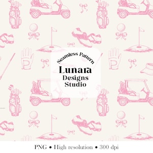 May include: A seamless pattern featuring pink line art illustrations of golf carts, golf bags, golf balls on tees, golf shoes, and bows on a cream background. The center text reads Seamless Pattern Lunara Designs Studio. PNG High resolution 300 dpi.