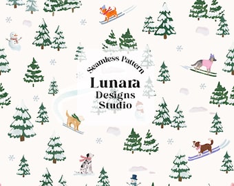 May include: A seamless pattern featuring various dog breeds skiing through a snowy forest with pine trees and snowmen. The design includes the text Seamless Pattern Lunara Designs Studio and PNG High resolution 300 dpi at the bottom.