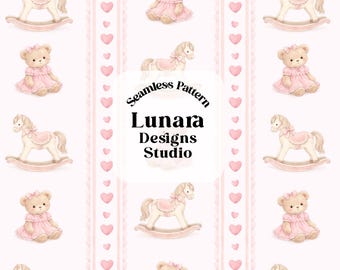 May include: A seamless pattern featuring repeating illustrations of teddy bears in pink dresses and rocking horses with pink saddles, interspersed with vertical stripes of pink hearts. The text reads Seamless Pattern Lunara Designs Studio.