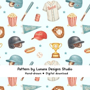 May include: A light blue seamless pattern with baseball imagery. It includes baseball shirts, helmets, bats, gloves, popcorn, hot dogs, a trophy, and a red baseball cap. The text "Home Run" and "Baseball" are visible. The pattern is hand-drawn and available as a digital download.