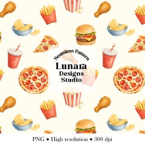 以下が含まれることがあります： ピザ、ハンバーガー、フライドポテト、ポップコーン、フライドチキン、チップス、ソーダなどのファストフードアイテムを特徴とする水彩パターン。デザインには「Seamless Pattern」と「Lunara Designs Studio」の文字が含まれています。画像はPNG、高解像度、300dpiと表示されています。
