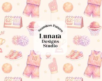 May include: A seamless pattern featuring watercolor basketball elements including pink and orange jerseys with the number 10, basketballs, sneakers, scoreboards showing 62 to 58, foam fingers, trophies, and pom-poms on a light cream background.