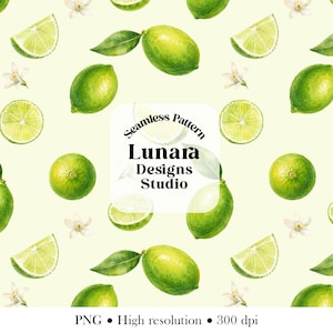 May include: A seamless pattern featuring watercolor illustrations of whole green limes, lime slices, and white citrus blossoms on a pale yellow background. The center includes the text Seamless Pattern Lunara Designs Studio.
